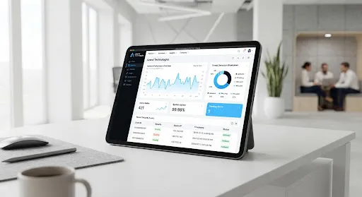 Tablet displaying an institutional education network dashboard on a modern desk.