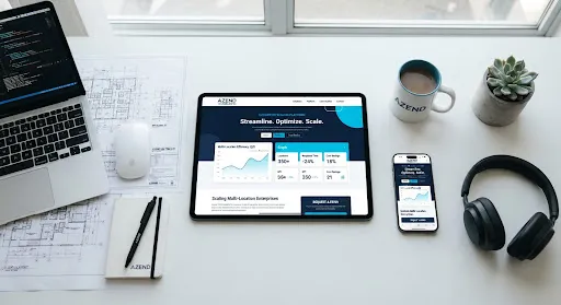 Tablet displaying an institutional education network dashboard on a modern desk.